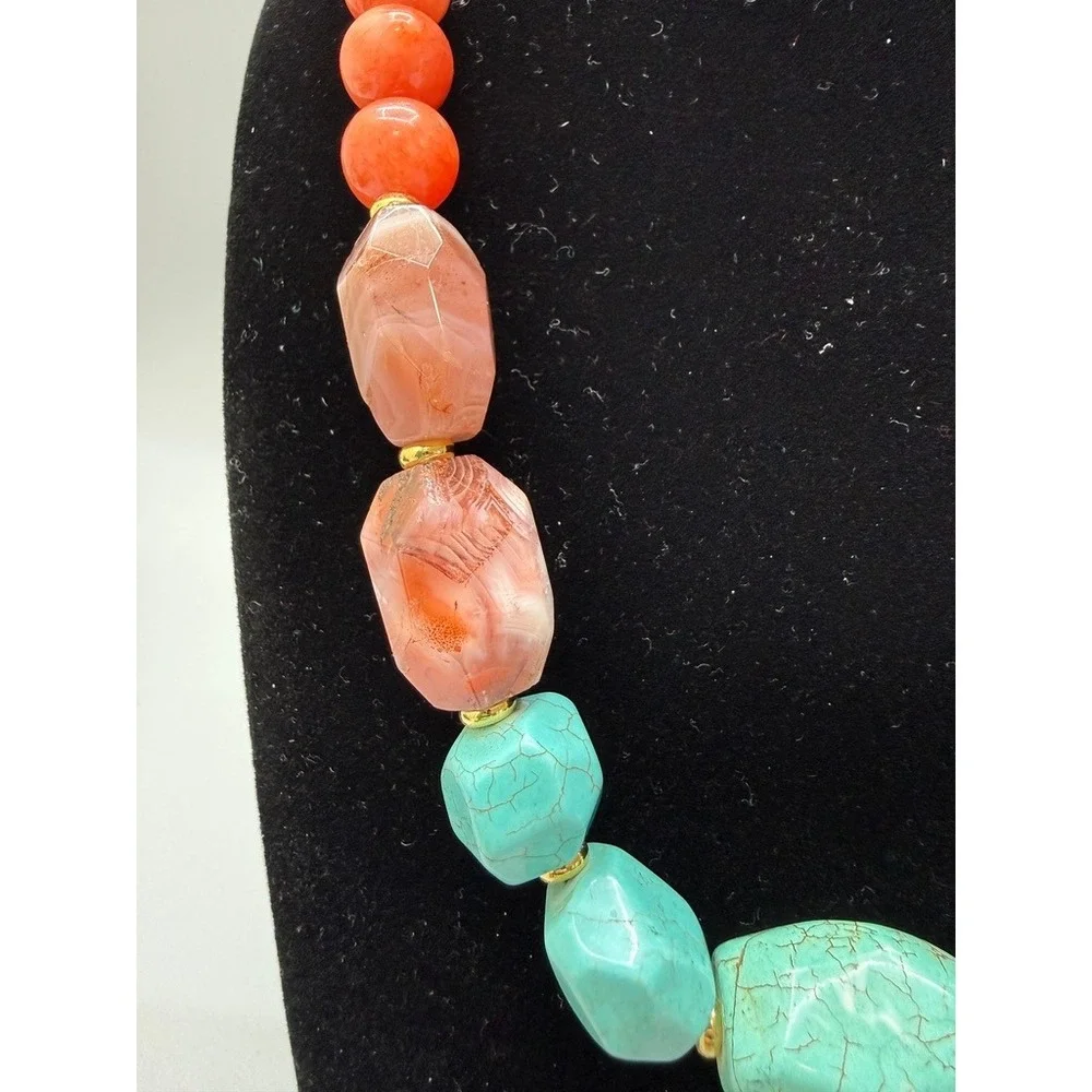 Beaded Necklace 18" Apricot Agate Turquoise Dyed Howlite Colorful Stones Heavy - Picture 3 of 12